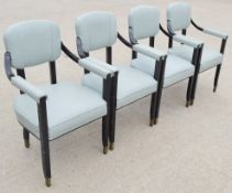 4 x Commercial Wooden Dining Chairs with Padded Armrests in a Pale Blue Faux Leather - Recently