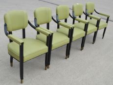 5 x Commercial Wooden Dining Chairs with Padded Armrests in a Textured Green Faux Leather - Recently