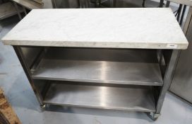 1 x Mobile Prep Table Featuring a Marble Table Top and Under Shelves
