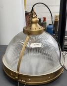 2 x Industrial Brass Holophane Pendant Lights with Diffusers - Plus Two Extra Lights For Spares