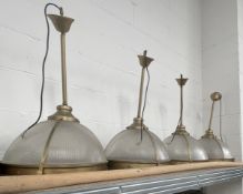 4 x Suspended Halophane Pendant Lights Featuring a Vintage Brass Finish with Frosted Ribbed Glass