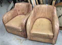 Pair of Vintage Club Style Armchairs in Tan Leather - Comfortable Chairs with Sloping Armrests