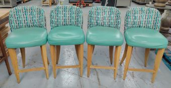 4 x Bar Stools Featuring Teal Seats, Fabric Backrests and Light Wooden Legs with Footrest