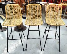 3 x Rattan Bar Stools with Black Bases - Suitable for Indoor or Outdoor Use - Dimensions: SH71 x W42