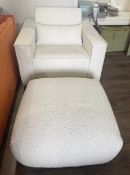 1 x Besoke Modern Armchair & Foot Stool Set Uphostered in a White Bouclé Fabric - from a