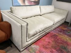 1 x Premium 2.8-Metre Velvet Upholstered Sofa with Studded Detail in Putty - Original Price £2,000
