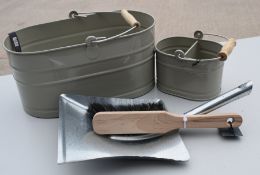 1 x Utility Bucket And Small Bucket In Clay + Galvanised Dustpan And Brush - Ref: GTC689/GTCC16 -