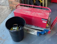 1 x Job Lot Including a Halfords Metal Toolbox, Bucket of Ratchet Straps and a Collapsable
