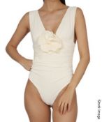 1 x MAGDA BUTRYM Italian Designer One-Piece Ruched V-Neck Swimsuit in Cream - Size: UK 12 - Original