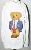 1 x RALPH LAUREN Mens' Unisex Designer 'Polo Bear' Oversized Cotton Pullover Hoodie in White - XXL