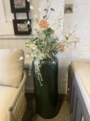 1 x Tall Floorstanding Ceramic Enameled Vase in Dark Green with Gold Rim - Includes Artificial