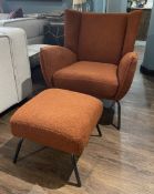 1 x Kyoto High-Back Bouclé Easy Chair and Foot Stool Set in Burnt Orange - Original Price £575.