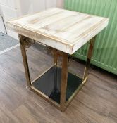 1 x Wooden Topped Side Table with a Copper Toned Metal and Black Glass Base - Recently Removed