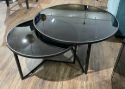 Set of 2 x Black Glass Topped Circular Metal Tables - Recently Removed from a Luxury Furniture