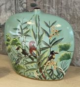 1 x Decorative Hand-painted Pilgrim Flask Vase with Exotic Birds Design - Recently Removed from a