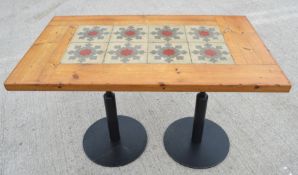 1 x Restaurant Dining Table Featuring a Pine Top with Tile Inserts and Twin Pedestal Base