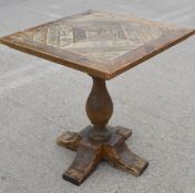1 x Brucs Vintage Style Oak Restaurant Table Featuring a Square Top with a Geometric Inlay