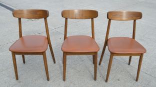 3 x Contemporary Restaurant Dining Chairs - Solid Wood Chairs with Brown Faux Leather Seat Pads