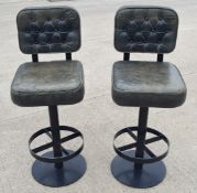 2 x Vintage Style Studded Back Bar Stools with Green Leather Upholstery and Footrests