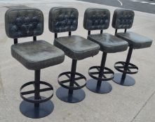 4 x Vintage Style Studded Back Bar Stools with Green Leather Upholstery and Footrests
