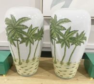Pair of Designer Brand Ceramic Vases Featuring A Palm Tree Design - Recently Removed from a Luxury