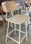 Pair of Scandinavian-style Metal Framed High Bar Stools with Curved Wooden Seat and Backrests with a