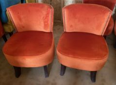 Pair of Bespoke Velvet Hand-Upholstered Chairs in Burnt Orange with Arms and Studded Detail - Made