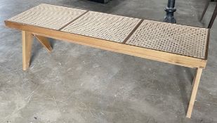 1 x Designer-Inspired Natural Wood & Woven Wicker 3-Seater Bench - Original Price £390.00 - Recently