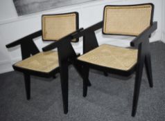 Pair of RESIDENCE Cane Rattan Wooden Dining Chairs with Arms, in Black - Original Price £580.00 -