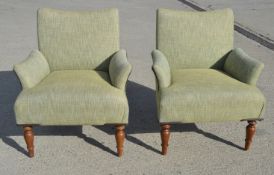 Pair of Upholstered Commercial Quality Armchairs in Green with Turned Wooden Legs - Recently Removed