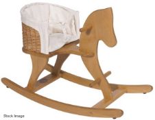 1 x MOULIN ROTY Luxury Wooden Toy Rocking Horse With Wicker Basket (H79cm) - Original Price £179.00