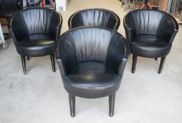 4 x Contemporary Barrel Chairs Upholstered in Black Leather with Studded Backs and Wooden Legs - Dim