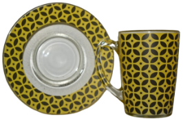 Set of 6 x Retro Glass Coffee Cup and Saucer Sets with a Matching Vintage Style Yellow and Black