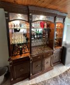 1 x Traditional Solid Wood Home Bar Cabinet With Glass Shelving, Mirrored Back, and Marble