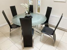 1 x Round Textured Glass Criss-Cross Dining Table with 6 x High-Back Black Faux Leather Chairs -