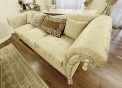 1 x Large Silk Upholstered Sofa with Embroidered Floral Motifs and Claw Feet - NO VAT ON THE HAMMER