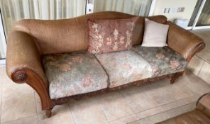1 x Vintage 2.1-Metre Long Basket Weave Sofa wth Carved Woo0den Details and Upholstered Seat