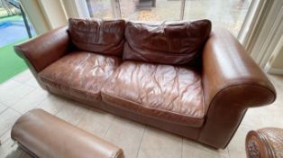 1 x Modern 2.3-Metre Wide Genuine Leather Upholstered Roll Arm Sofa in a Golden Brown Tone