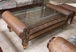 1 x Glass Topped Leather Upholstered Tufted Coffee Table with Studded, Woven and Carved Details