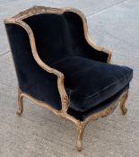 1 x Bespoke Vintage Velvet Wingback Armchair With Ornate Carved Wood Detailing, Plus 2 x Cushions