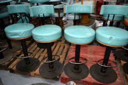 4 x Bar Stools Featuring Round Leather Seats, Backrests and Chrome Footrests - Dimensions: SH 78