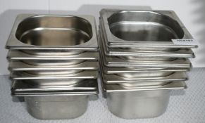 12 x Stainless Steel 1/6 Gastro Pans - Size: H10 x W17.5 x 16 cms