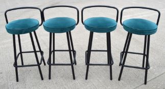 4 x Contemporay Bar Stools Featuring Velvet Teal Seats and Black Frames with Foodrests