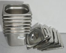 7 x Stainless Steel 1/6 Gastro Pans with Lids - Size: H15 x W17.5 x 16 cms