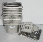 8 x Stainless Steel 1/9 Gastro Pans with Lids - Size: H15 x W17.5 x 11 cms
