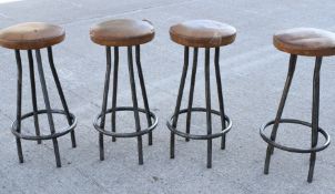 4 x Vintage Industrial Style Bar Stools with Steel Bases, Footrests and Tan Leather Seats