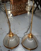 4 x Suspended Halophane Pendant Lights Featuring a Vintage Brass Finish with Frosted Ribbed Glass