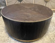 1 x Round Dark Stained Elm and Poplar Wooden Coffee / Cocktail Table with Metal Banding Detail