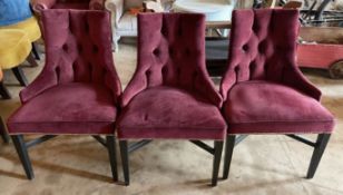 Set of 4 x Luxurious Velvet Upholstered Button-back Chairs in Purple with Studded Detail -