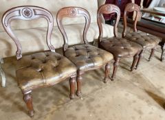 Set of 4 x Antique Victorian Leather-Upholstered Balloon-Back Carved Wooden Dining Chairs
